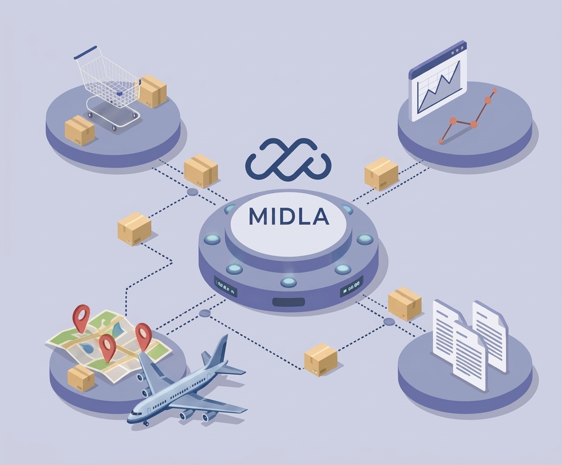 Ecosistema de integraciones MIDLA conectando e-commerce, envíos, tracking y documentos